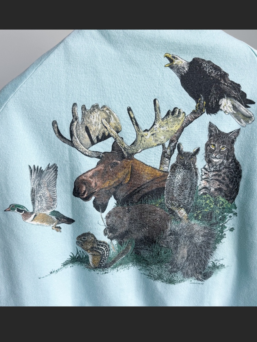Vtg 1989 Harlequin Nature Graphics Wildlife Bear Moose Sweatshirt M Seafoam Aqua - Picture 5 of 13